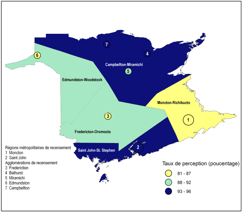 Carte 4 Nouveau Brunswick : Taux de perception, zones métropolitaines et non métropolitaines, 2009-2010