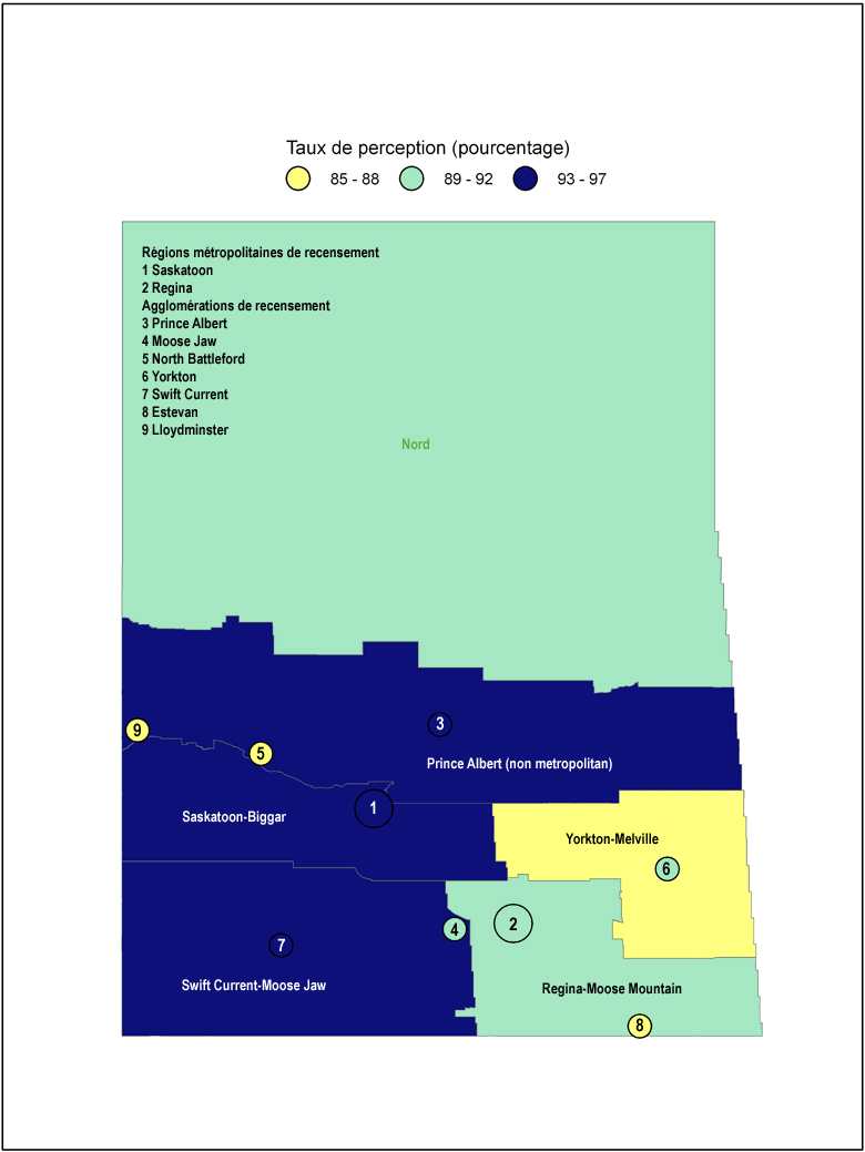 Carte 5 Saskatchewan : Taux de perception, zones métropolitaines et non métropolitaines, 2009-2010