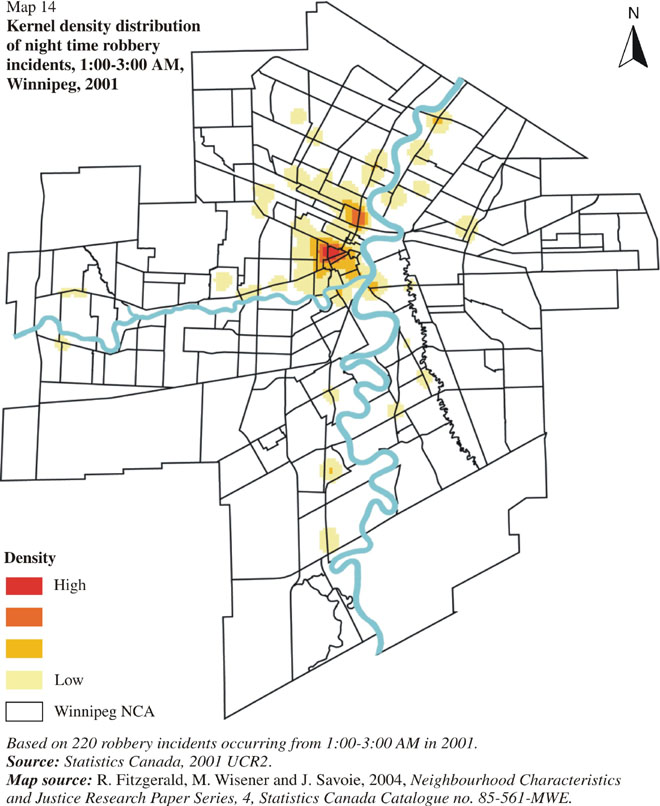 Map 14 Kernel density distribution of night time robbery incidents, 1:00-3:00 AM, Winnipeg, 2001