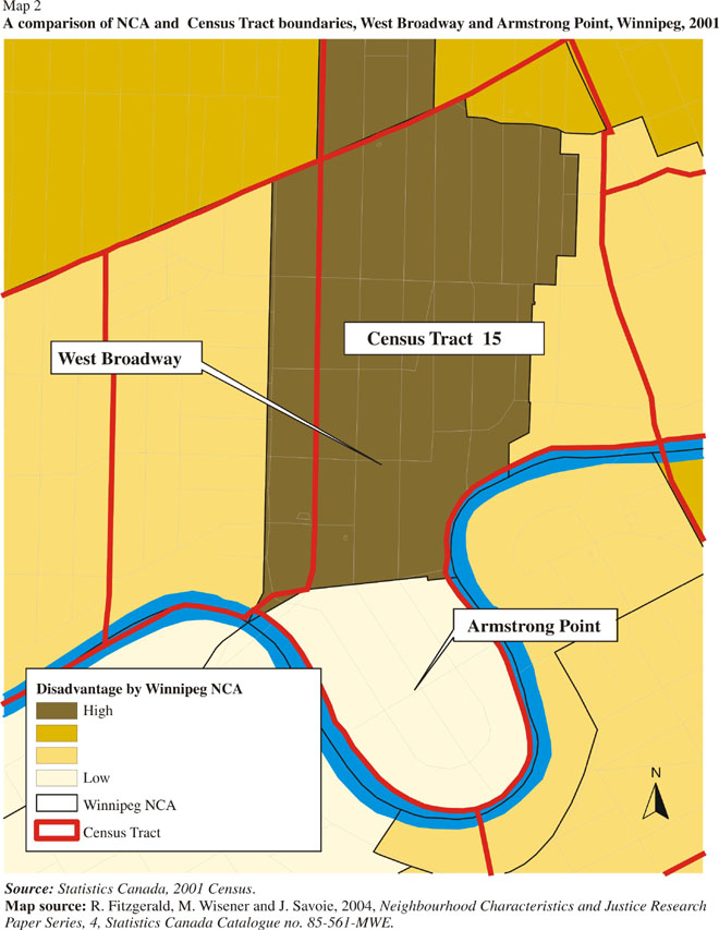 Map 2 A comparison of NCA and Census Tract boundaries, West Broadway and Armstrong Point, Winnipeg, 2001