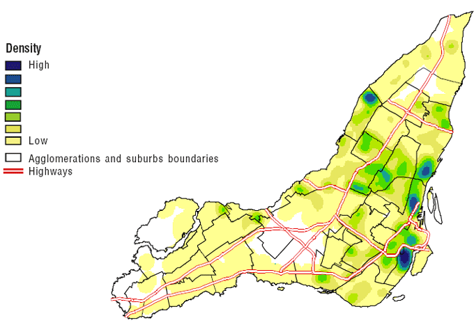 Map 2. Kernel density distribution of violent crime incidents and population at risk, Montréal, 2001