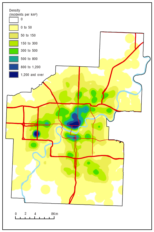 Map 1.4 Kernel density distribution of property crime incidents, Edmonton, 2003