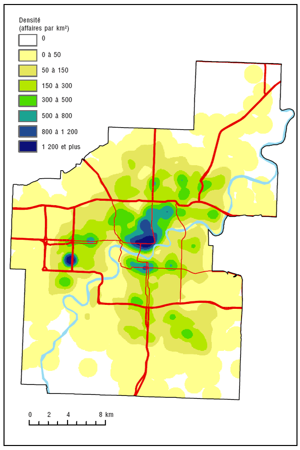Carte 1.4 Répartition des noyaux de densité pour les affaires de crimes contre les biens, Edmonton, 2003