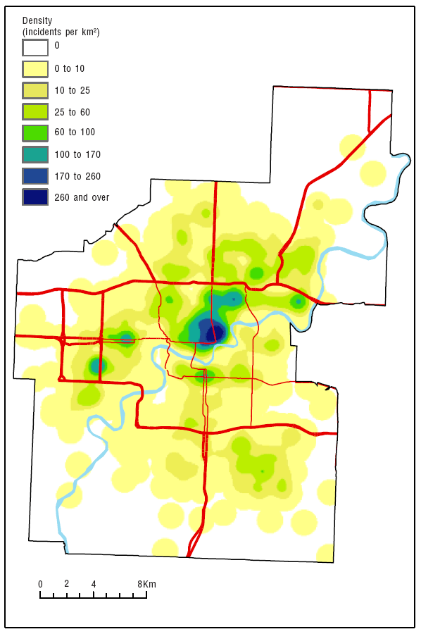 Map 1.5 Kernel density distribution of violent crime incidents, Edmonton, 2003