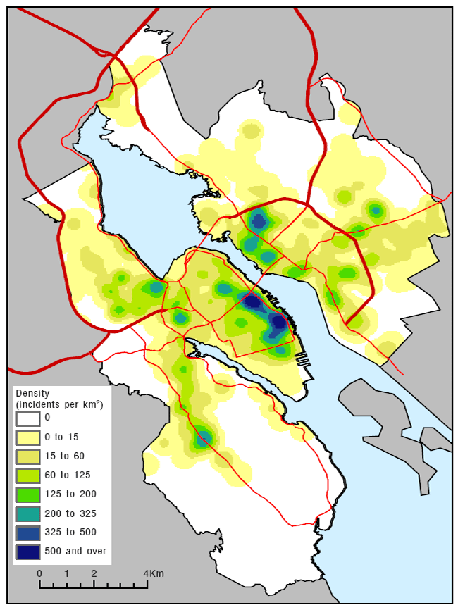 Map 2.2 Kernel density distribution of violent crime incidents, Halifax, 2001