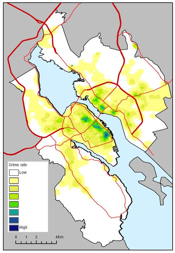 Map 2.4 Kernel density distribution of violent crime incidents and population at risk, Halifax, 2001