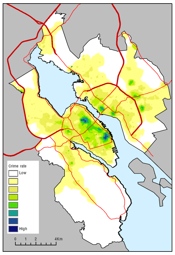 Map 2.5 Kernel density distribution of property crime incidents and population at risk, Halifax, 2001