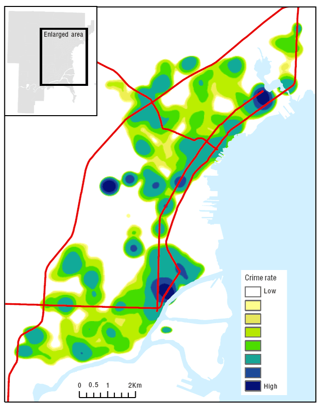 Map 3.2 Kernel density distribution of violent crime incidents and population at risk, Thunder Bay, 2001