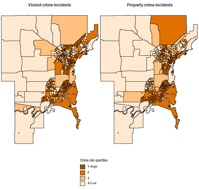 Map 3.4 Spatial distribution of quartiles of crime rates, Thunder Bay, 2001