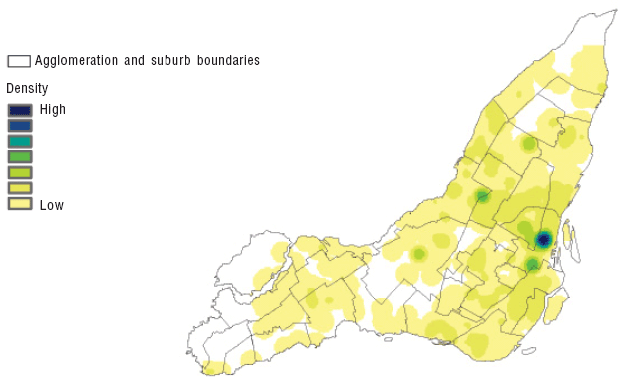 Map 7 Kernel density distribution of drug-related offences, adults, Montréal, 2001