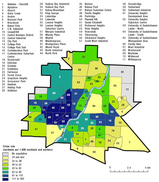 Map 12 Crime rate (per 1,000 residents and workers), City of Saskatoon neighbourhoods, 2007