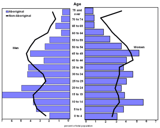 Chart 1 Population pyramid for the Aboriginal and non-Aboriginal populations, Timmins, 2006