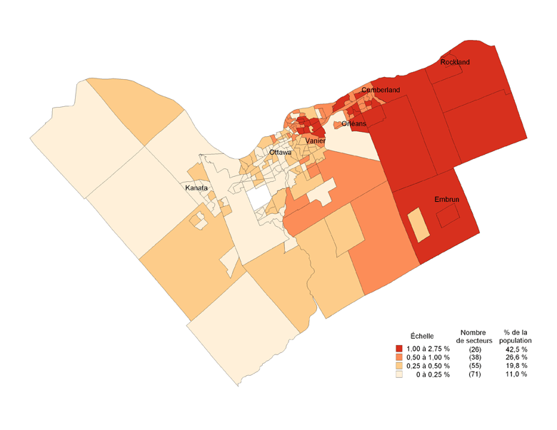 Carte 1.1 Répartition en pourcentage de la population francophone née au Canada dans la RMR d'Ottawa selon les secteurs de recensement