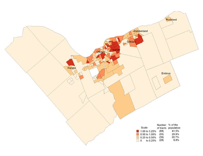 Map 1.2 Distribution of the Francophone immigrant population by percentage in the Ottawa census metropolitan area, by census tract