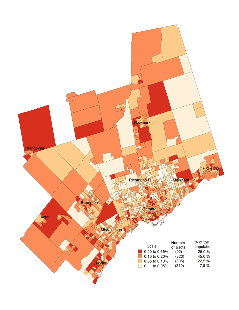 Map 1.3 Distribution of the Francophone population born in Canada by percentage in the Toronto census metropolitan area, by census tract
