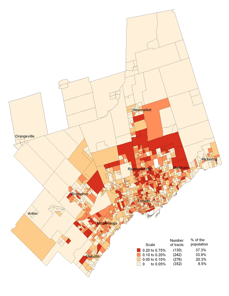 Map 1.4 Distribution of the Francophone immigrant population by percentage in the Toronto census metropolitan area, by census tract