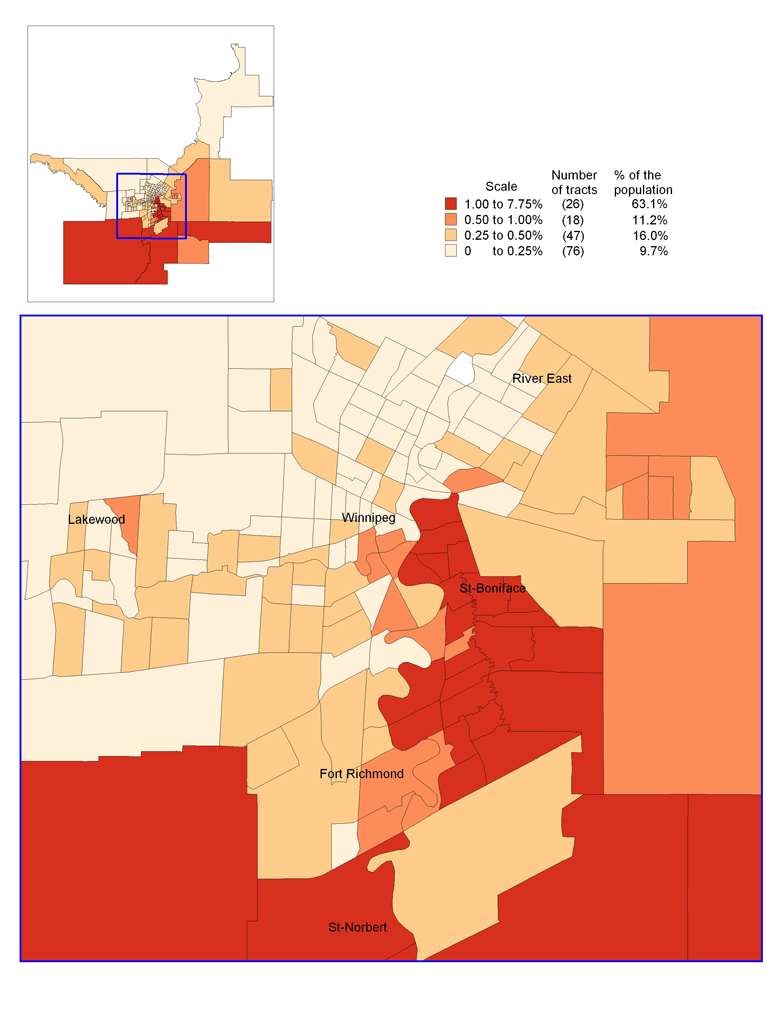 Map 1.5 Distribution of the Francophone population born in Canada by percentage in the Winnipeg census metropolitan area, by census tract