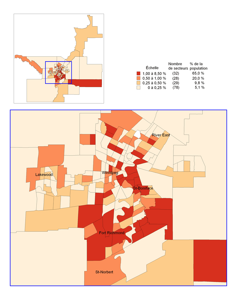 Carte 1.6 Répartition en pourcentage de la population francophone immigrante Canada dans la RMR de Winnipeg selon les secteurs de recensement