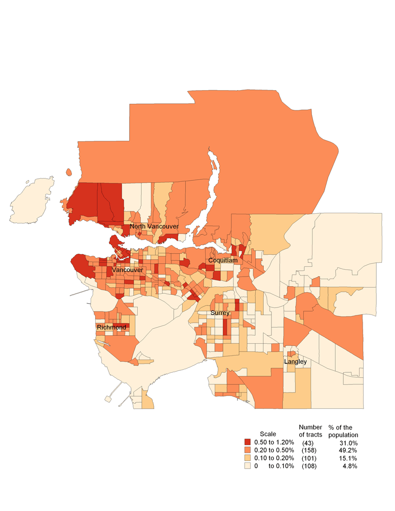 Map 1.8 Distribution of the Francophone immigrant population by percentage in the Vancouver census metropolitan area, by census tract