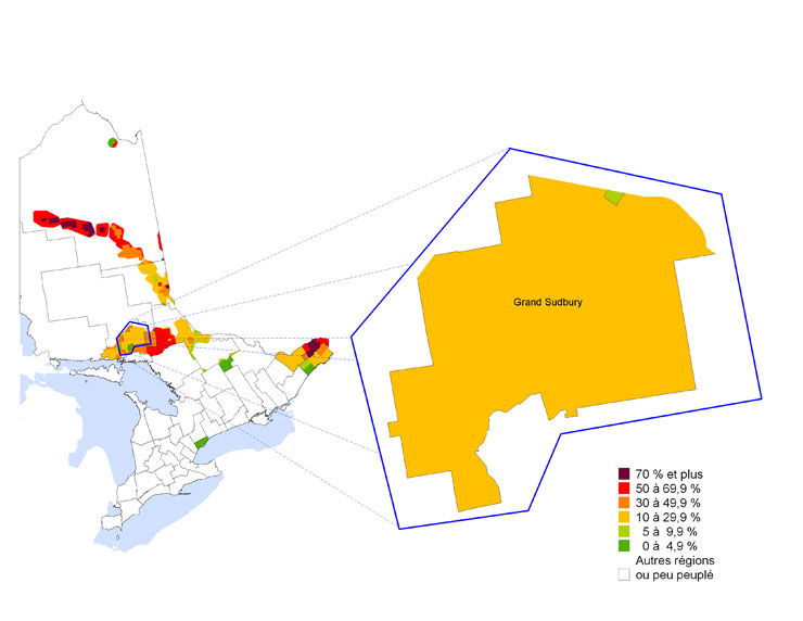 Carte 1.10 Pourcentage de la population ayant le français comme première langue officielle parlée (avec répartition aléatoire de la catégorie français-anglais) selon les subdivisions de recensement dans la division de recensement de Grand Sudbury (3553), Ontario, 2006