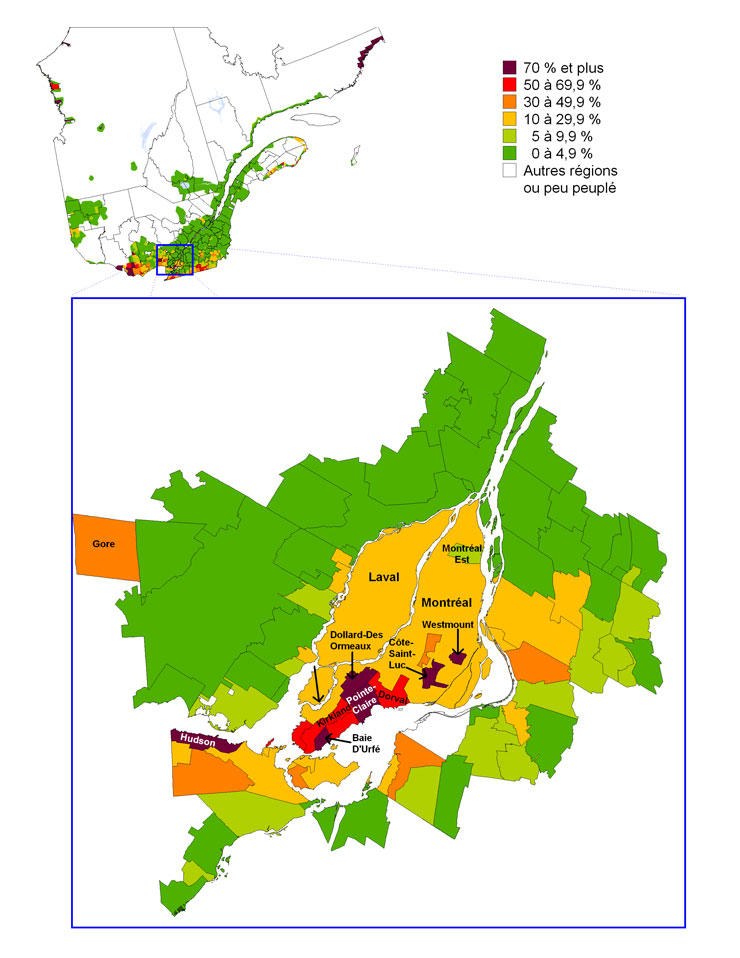 Carte 1.2 Pourcentage de la population ayant l'anglais comme première langue officielle parlée (avec répartition aléatoire de la catégorie français-anglais) selon les subdivisions de recensement dans la région de Montréal, Québec, 2006