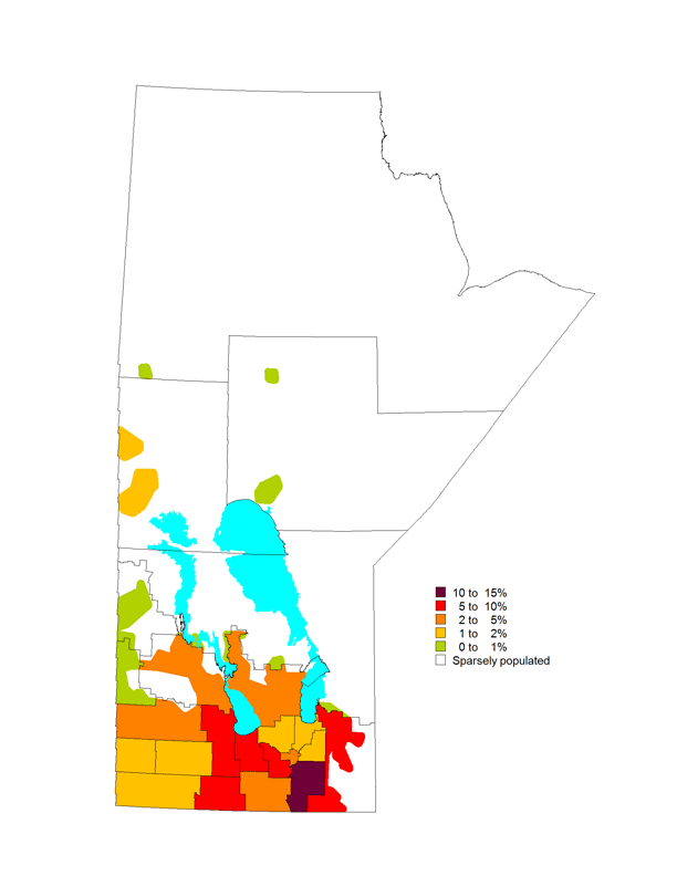 Map 1.1 Percentage of the population with French as first official language spoken (with random distribution of the English-French category) by census divisions, Manitoba, 2006