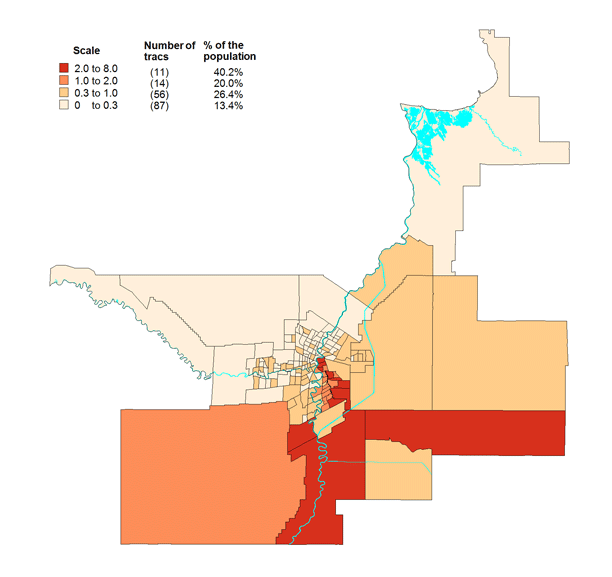Map 1.2 Distribution of the population with French as first official language spoken (with random distribution of the English-French category) within the census metropolitan area of Winnipeg by census tract, 2006