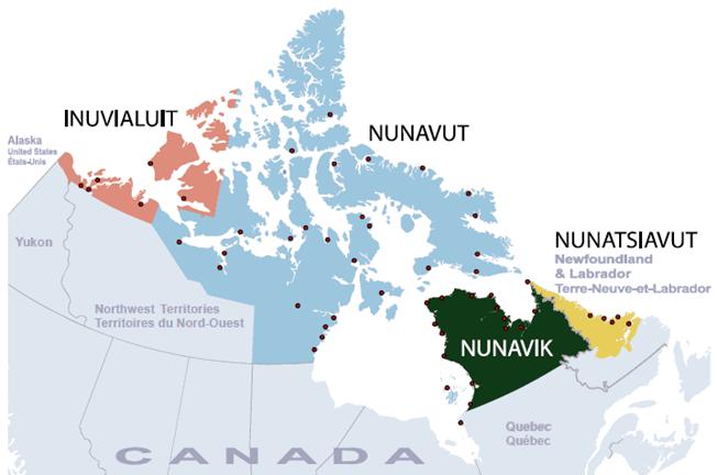 Carte 1 Les quatre régions de l'Inuit Nunangat
