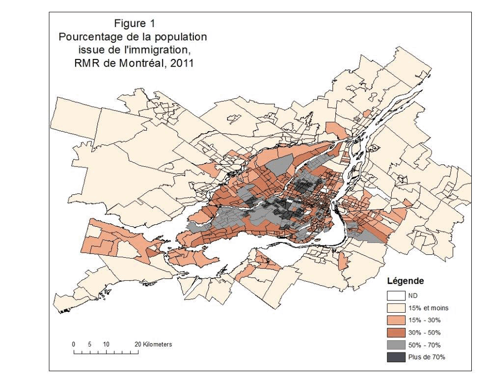 Carte 1 Pourcentage de la population issue de l'immigration RMR de Montréal, 2011