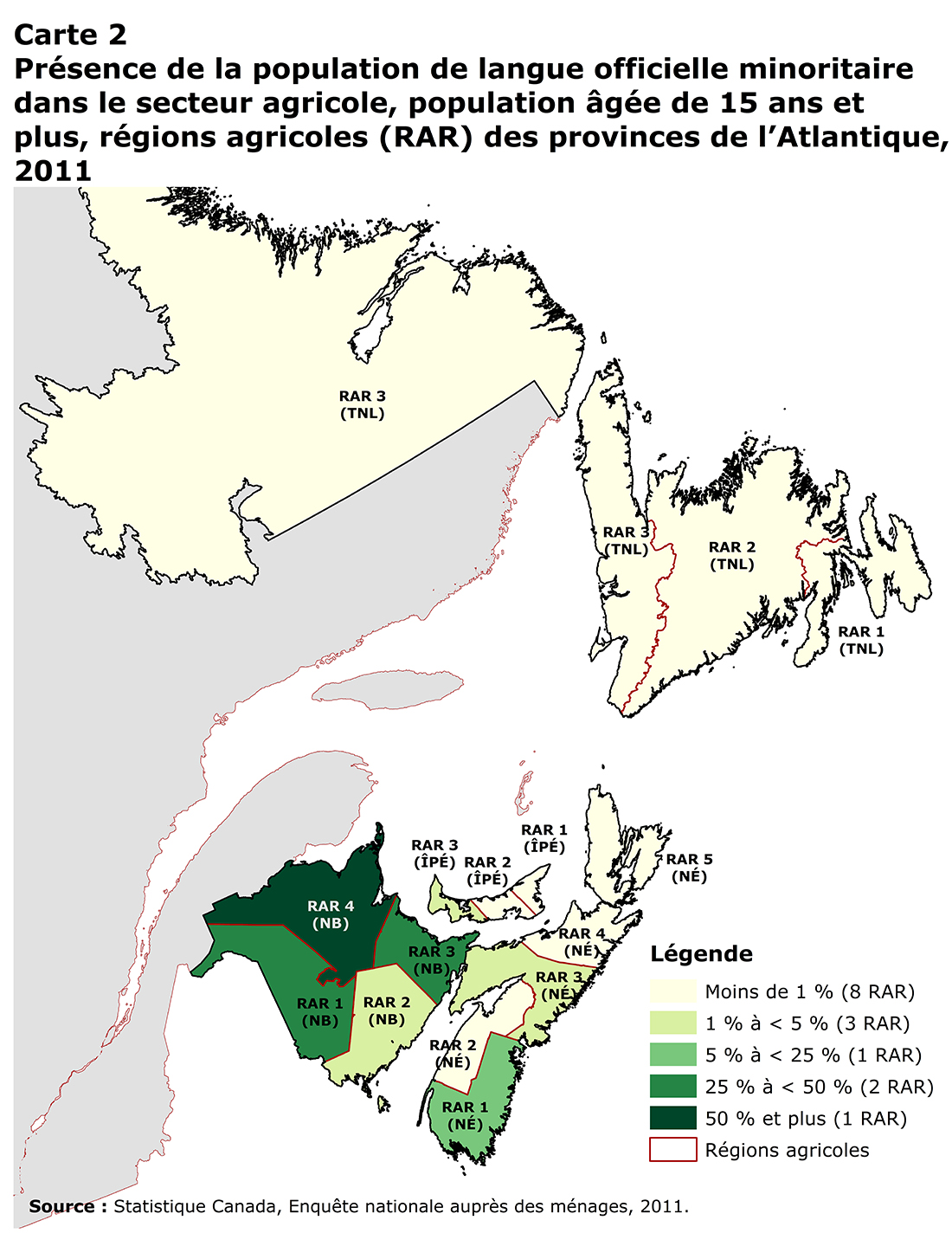 Carte 2 Présence de la population de la langue officielle minoritaire dans le secteur agricole, population âgée de 15 ans et plus, régions agricoles (RAR) des provinces de l’Atlantique, 2011