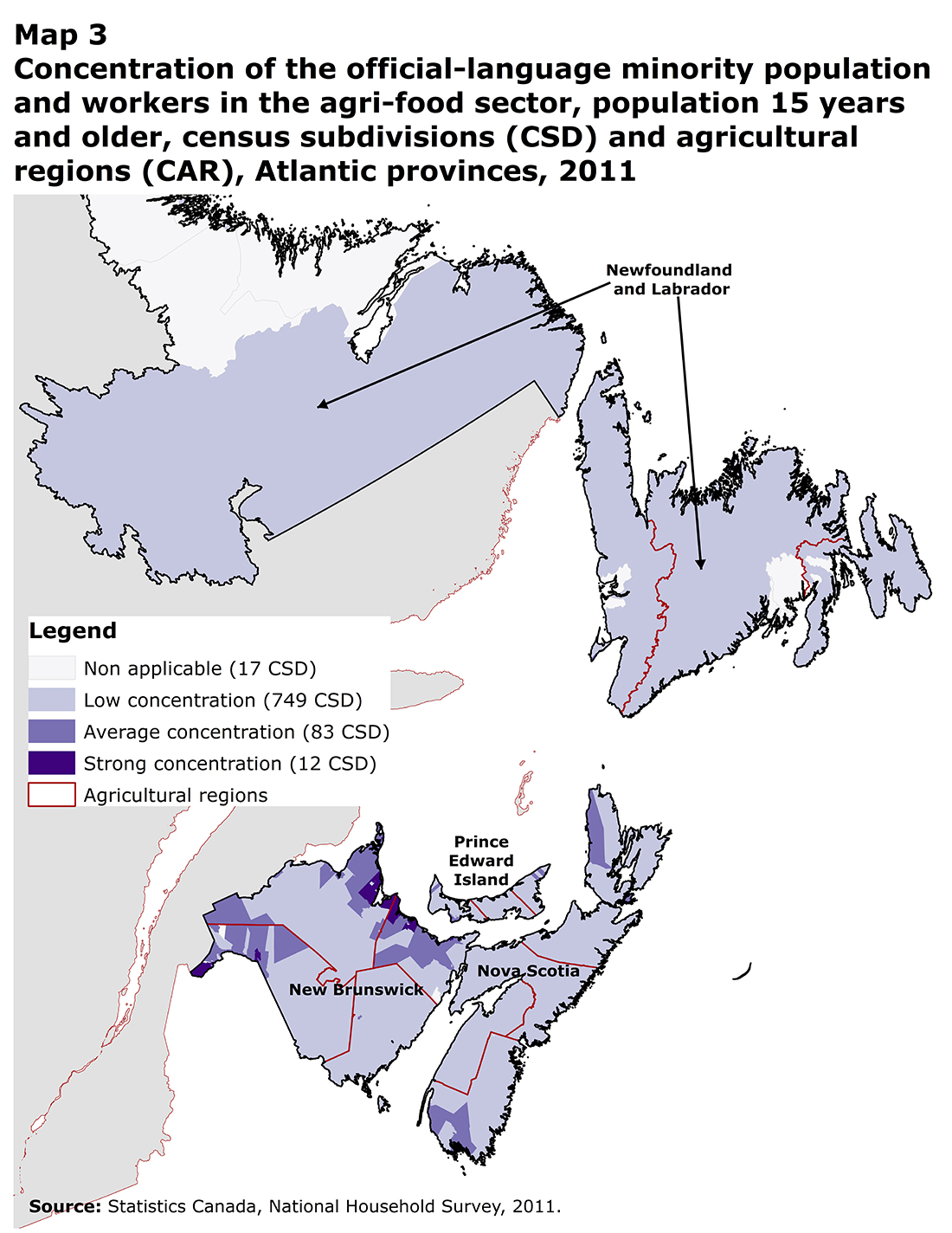 Map 3 Concentration of the official-language minority population and workers in the agri-food sector, population 15 years and older, census subdivisions (CSD) and agricultural regions (CAR), Atlantic provinces, 2011