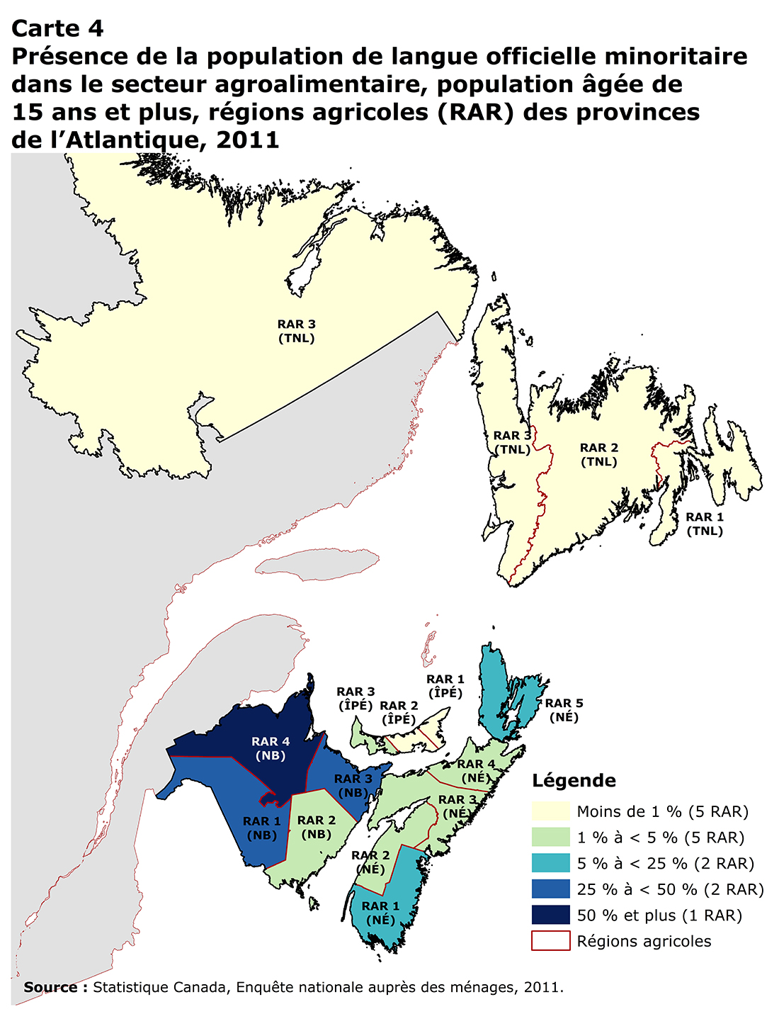 Carte 4 Présence de la population de langue officielle minoritaire dans le secteur agroalimentaire, population âgée de 15 ans et plus, régions agricoles (RAR) des provinces de l’Atlantique, 2011 