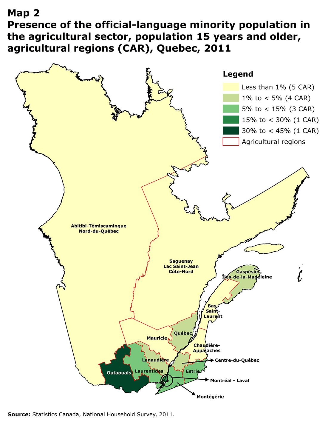Map 2 Presence of the official-language minority population in the agricultural sector, population 15 years and older, agricultural regions (CAR), Quebec, 2011