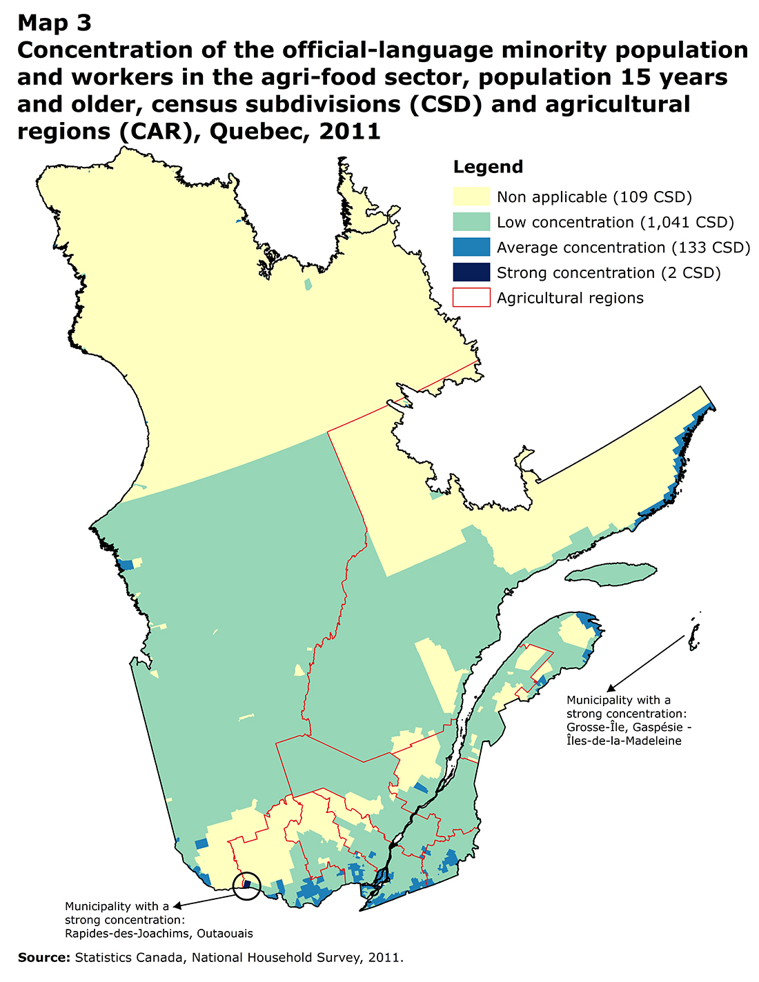 Map 3 Concentration of the official-language minority population and workers in the agri-food sector, population 15 years and older, census subdivisions (CSD) and agricultural regions (CAR), Quebec, 2011