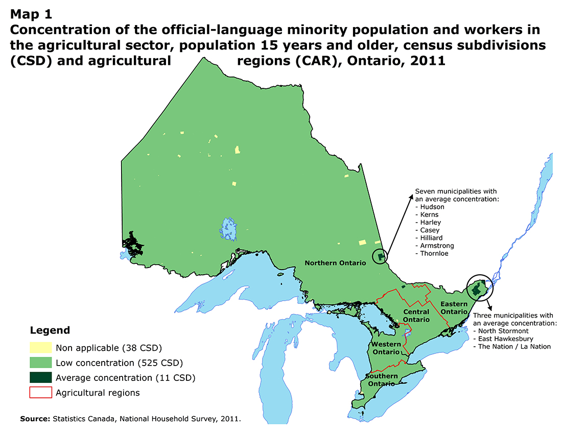 Map 1 Concentration of the official-language minority population and workers in the agricultural sector, population 15 years and older, census subdivisions (CSD) and agricultural regions (CAR), Ontario, 2011