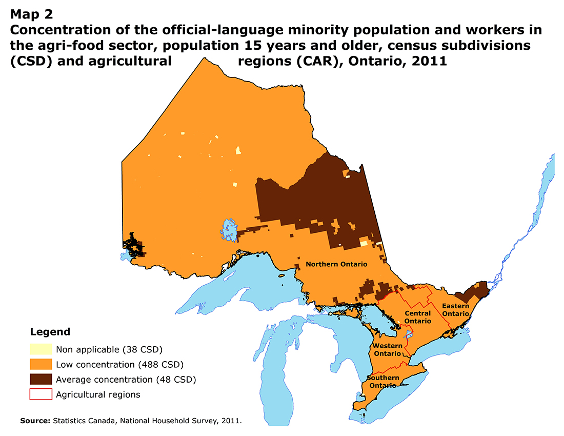 Map 2 Concentration of the official-language minority population and workers in the agri-food sector, population 15 years and older, census subdivisions (CSD) and agricultural regions (CAS), Ontario, 2011