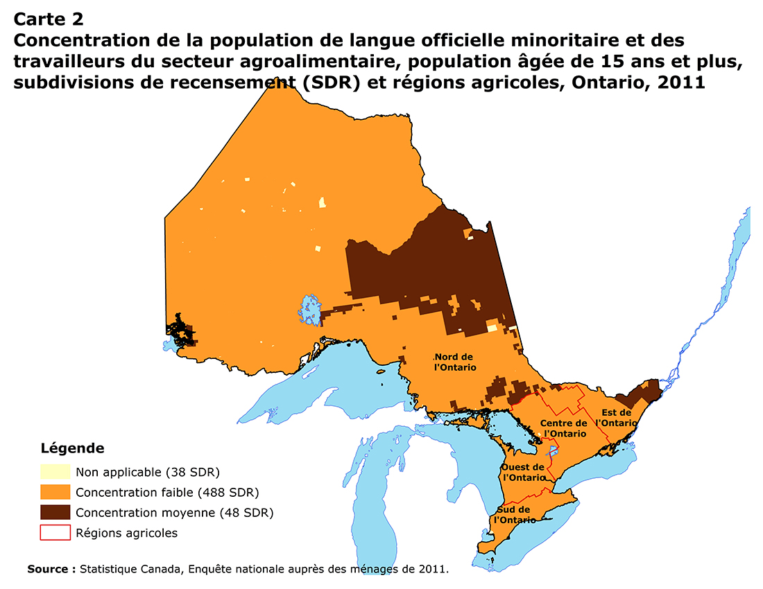 Carte 2 Concentration de la population de langue officielle minoritaire et des travailleurs du secteur agroalimentaire, population âgée de 15 ans et plus, subdivisions de recensement (SDR) et régions agricoles, Ontario, 2011