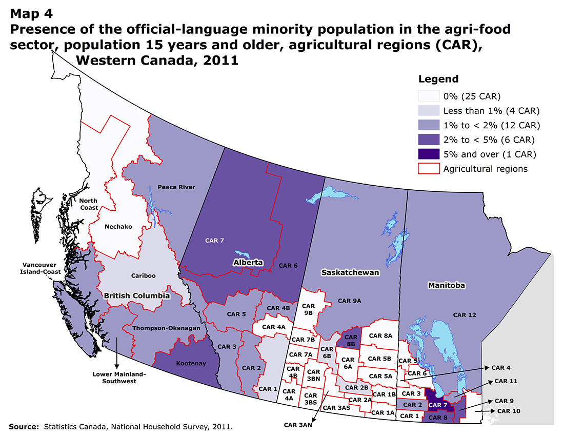 Map 4 Presence of the official-language minority population in the agri-food sector, population 15 years and older, agricultural regions (CAR), Western Canada, 2011