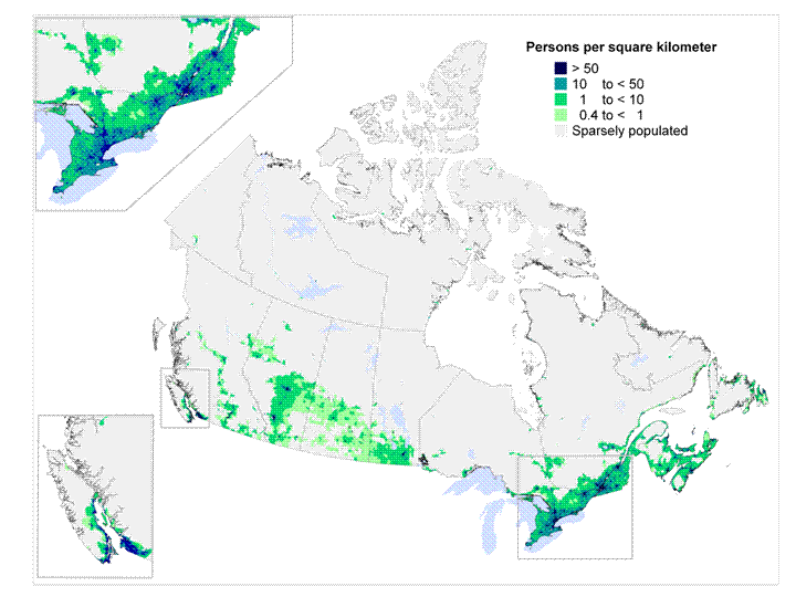Figure 35 Population density by dissemination area (DA) in Canada, 2006