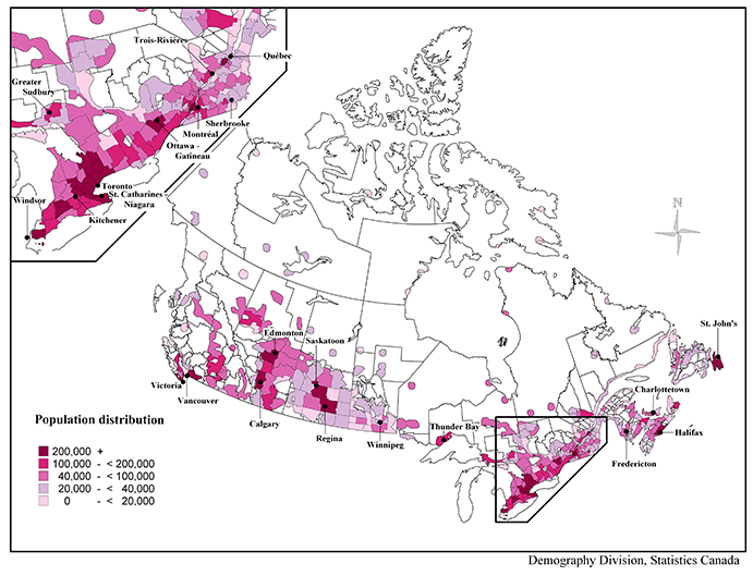 Map 4.1 Population distribution as of July 1, 2007 by census division (CD), Canada