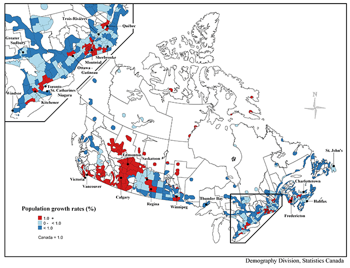 Map 4.2 Population growth rates between July 1, 2006 and June 30, 2007 by census division (CD), Canada