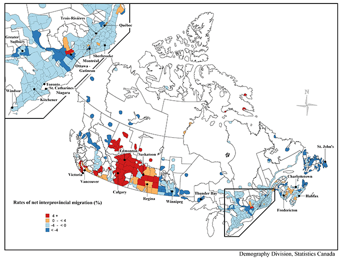 Map 4.3 Net interprovincial migration rates between July 1, 2006 and June 30, 2007 by census division (CD), Canada