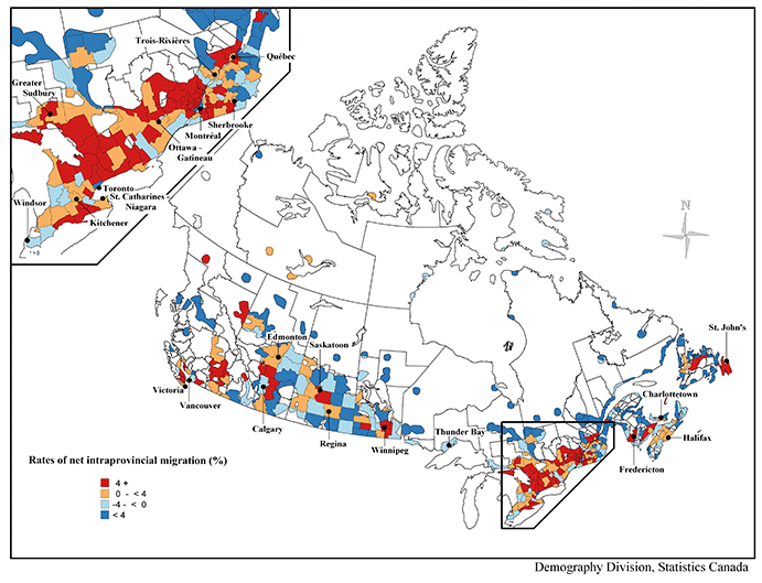 Map 4.4 Net intraprovincial migration rates between July 1, 2006 and June 30, 2007 by census division (CD), Canada