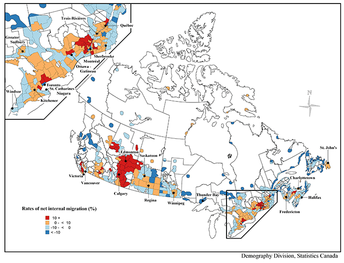 Map 4.5 Net internal migration rates between July 1, 2006 and June 30, 2007 by census division (CD), Canada