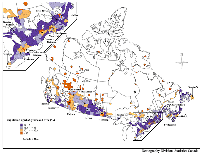 Proportion of population 65 years of age and over as of July 1, 2006, by census division (CD), Canada