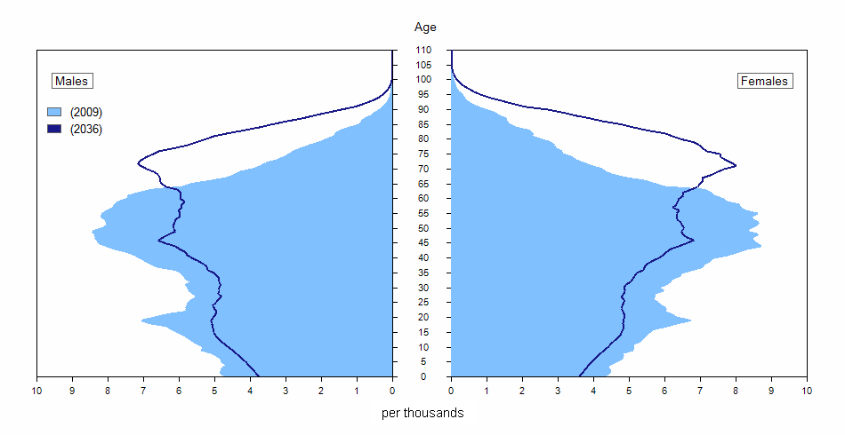 Age pyramids (in relative value) of the Newfoundland and Labrador population, 2009 and 2036 (scenario M1)