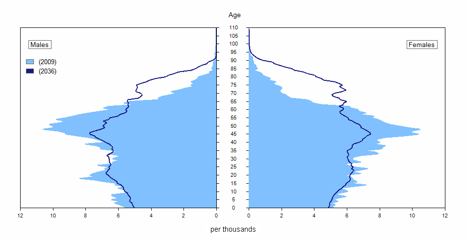Age pyramids (in relative value) of the Yukon population, 2009 and 2036 (scenario M1)