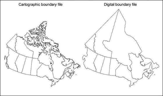Figure 2.1  Example of a cartographic boundary file and a digital boundary file (provinces and territories)