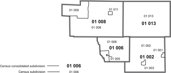 Figure 5 Example of census consolidated subdivisions (CCSs) and census subdivisions (CSDs)