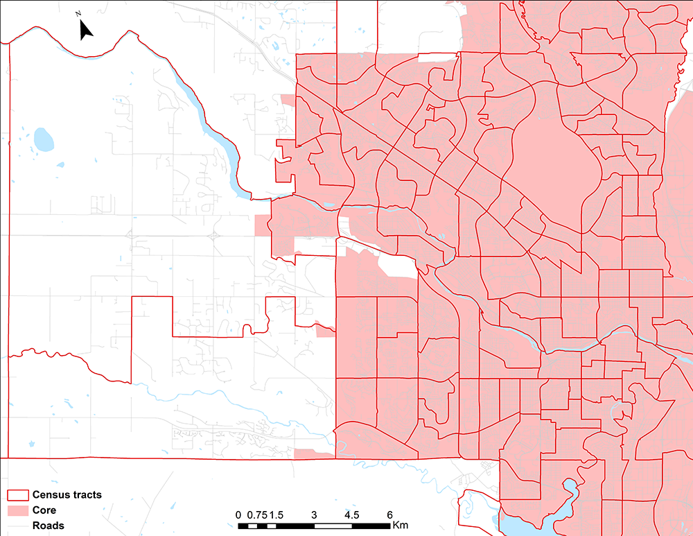 Selected census tracts in the core of the Calgary (Alberta) census metropolitan area, 2016 Census